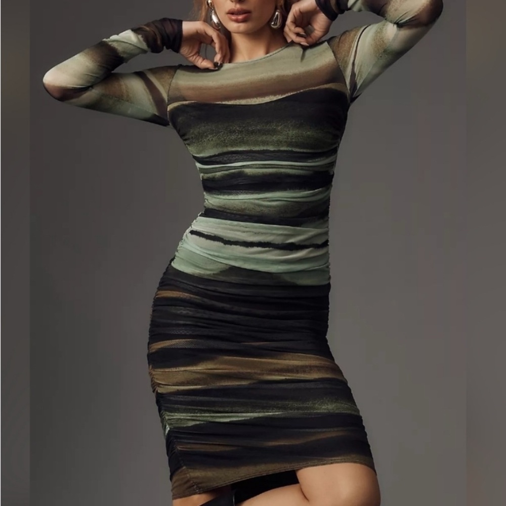 Anthropologie Ruched Mock-Neck Long Sleeved Midi Dress